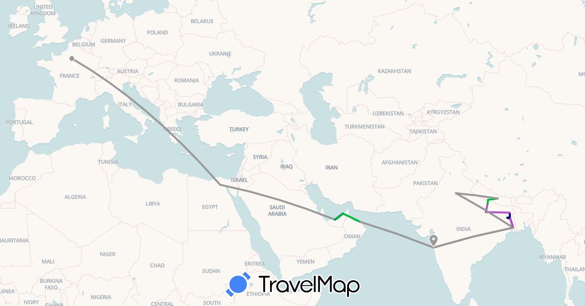 TravelMap itinerary: driving, bus, plane, train in United Arab Emirates, Egypt, France, India, Nepal, Oman (Africa, Asia, Europe)
